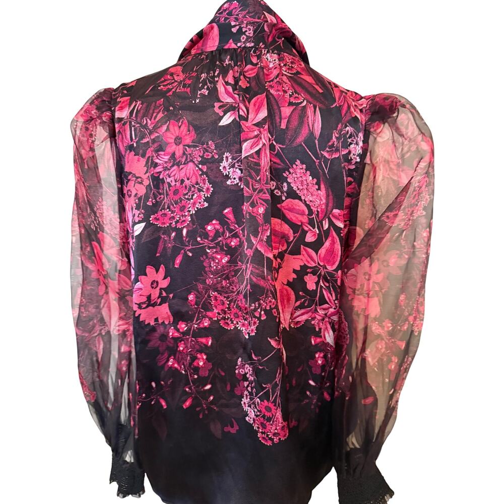 Alice & Olivia Black w/Pink Flowers Blouse Sheer Puff Sleeves - Large 395 - Picture 2 of 7